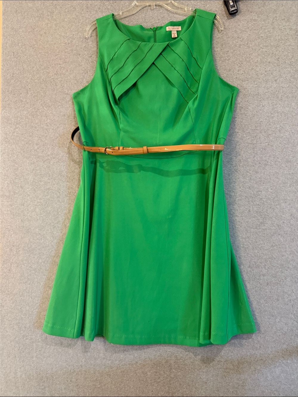 Dress Barn Bright Green Sleeveless Dress with Tan Belt